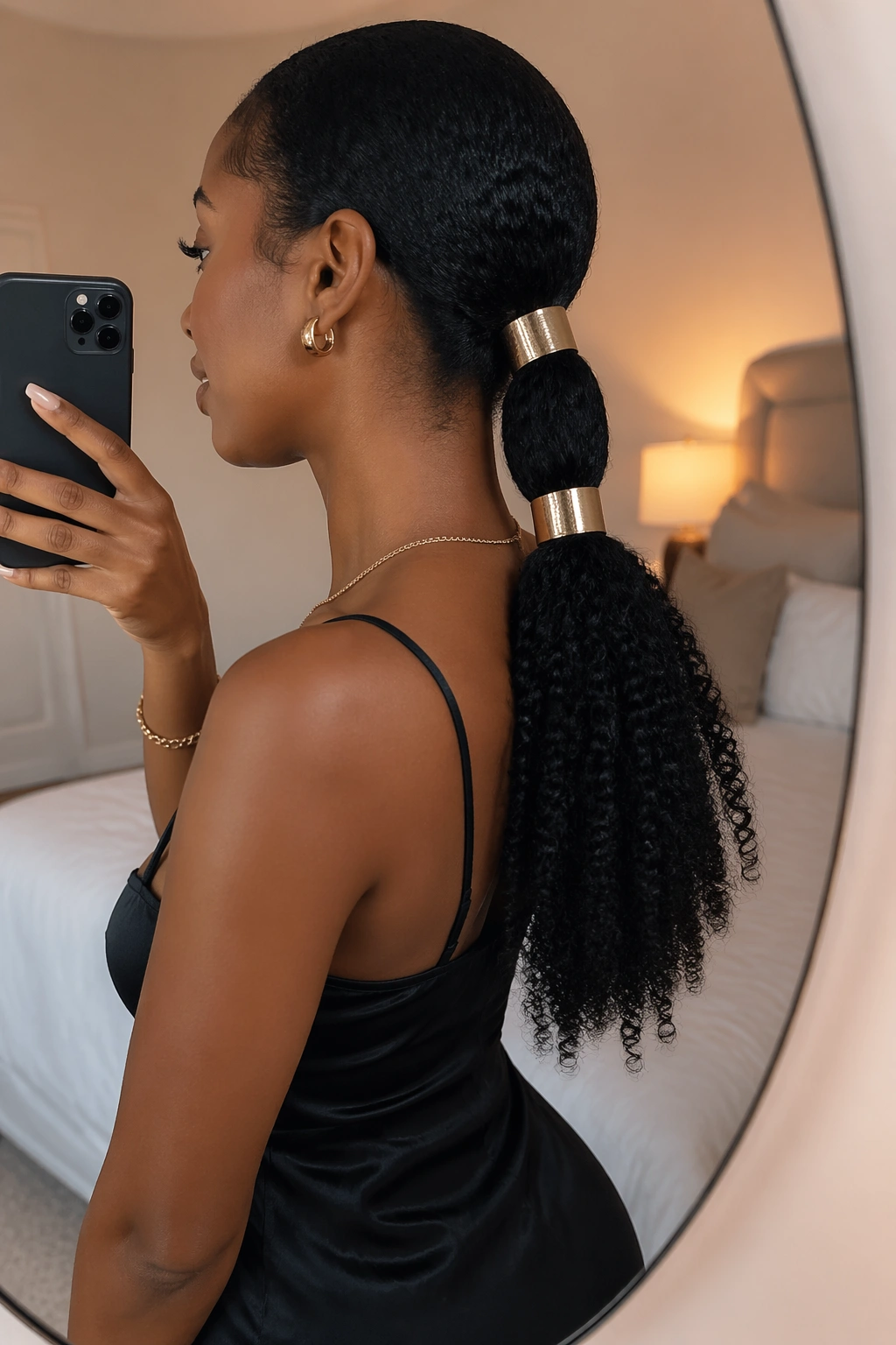 Hair cuff accents on a low ponytail seen from the side.