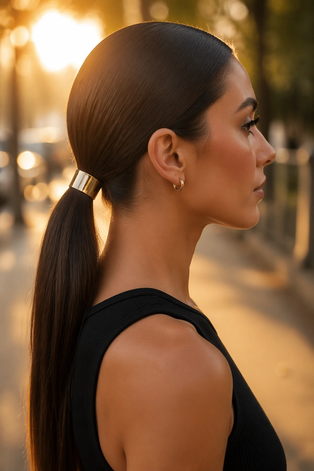 Side profile of hair-cuff ponytail with metal cuff