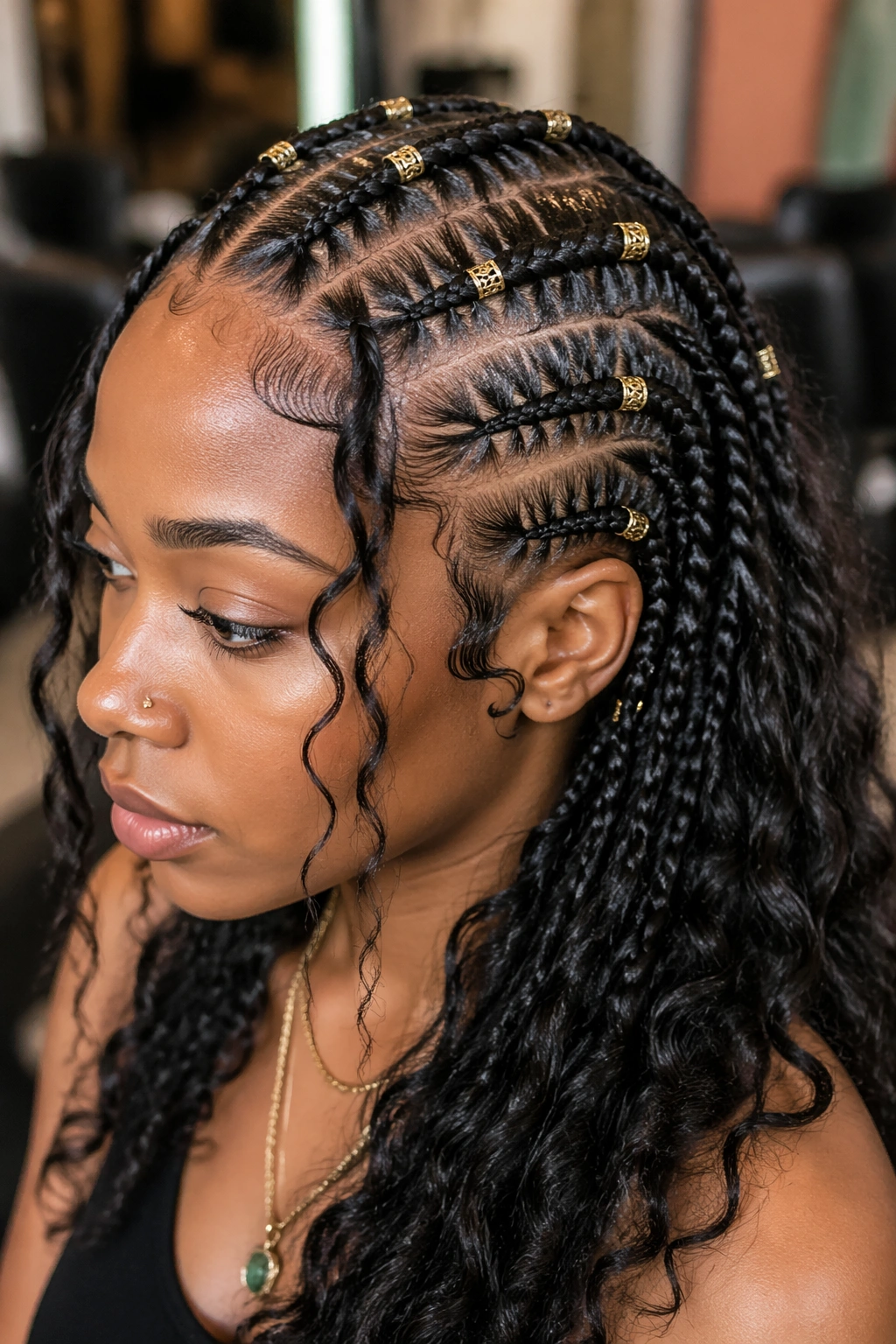 Real woman wearing cornrows with gold or silver hair cuffs.