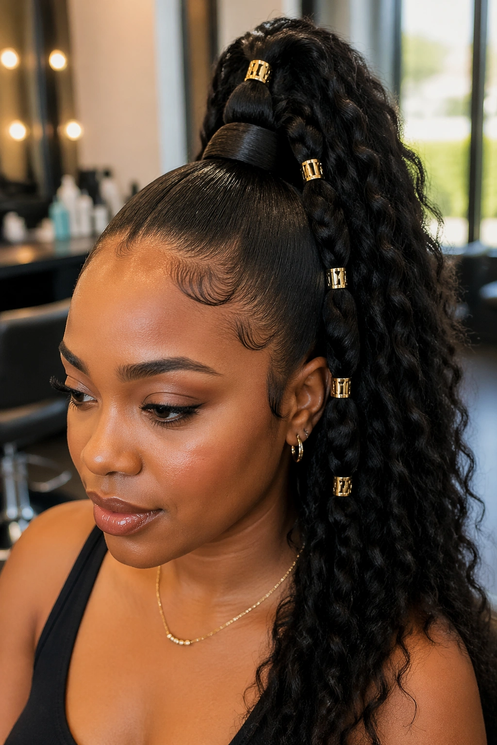 Close-up of a real woman with a glam high ponytail secured with metallic cuffs