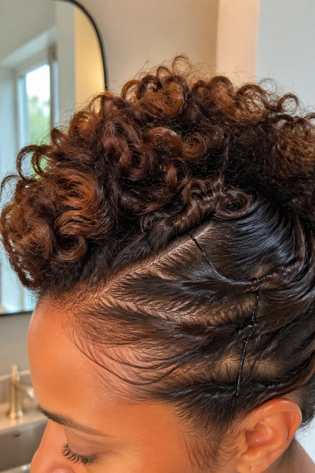 Close-up of curly faux hawk with side clip-ins.