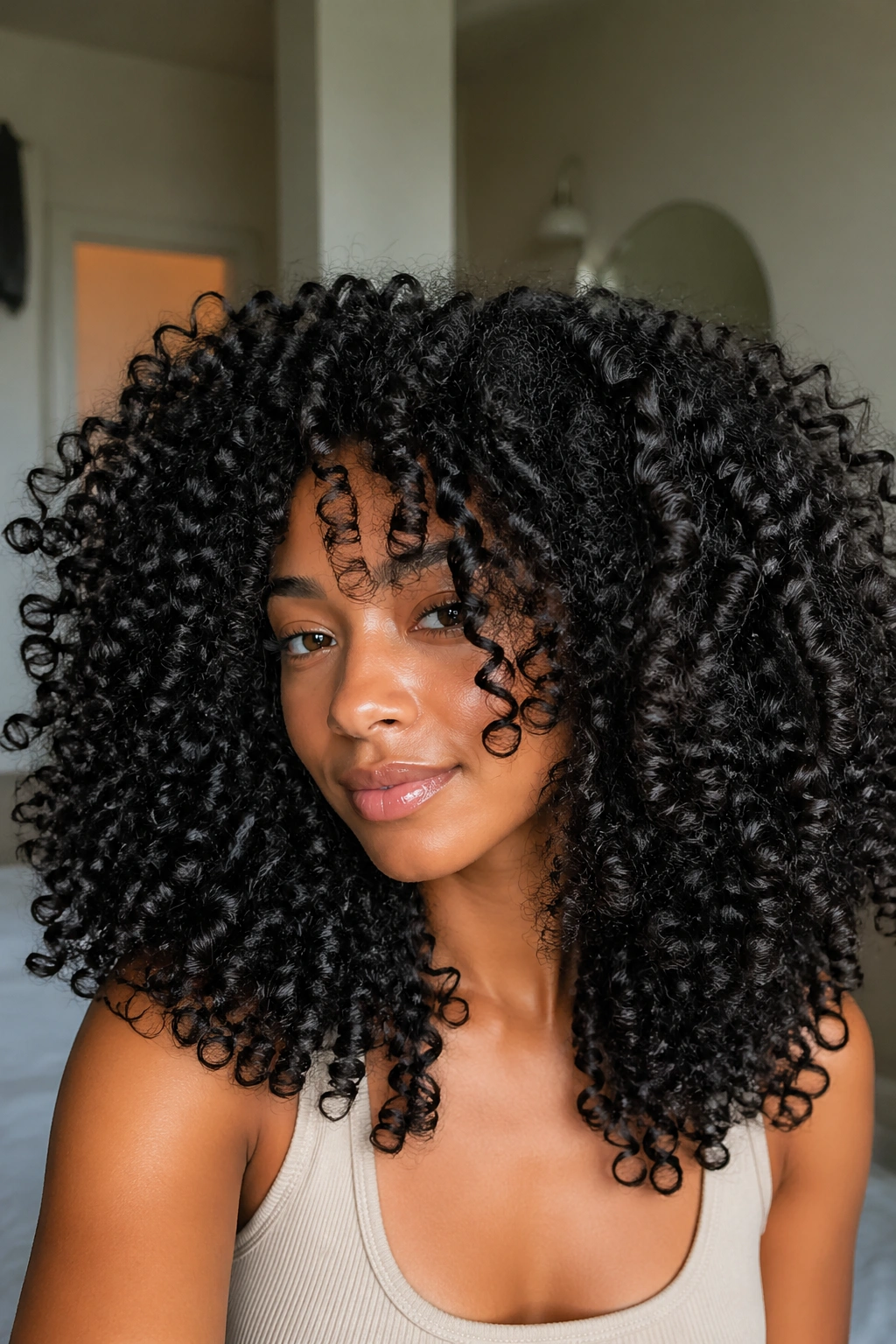 Dense, voluminous curls filling the frame in a portrait shot
