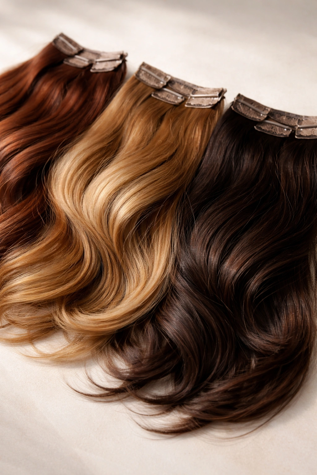 Close-up of multiple natural-tone human hair extensions in auburn, honey-blonde, and espresso colors laid on a neutral surface
