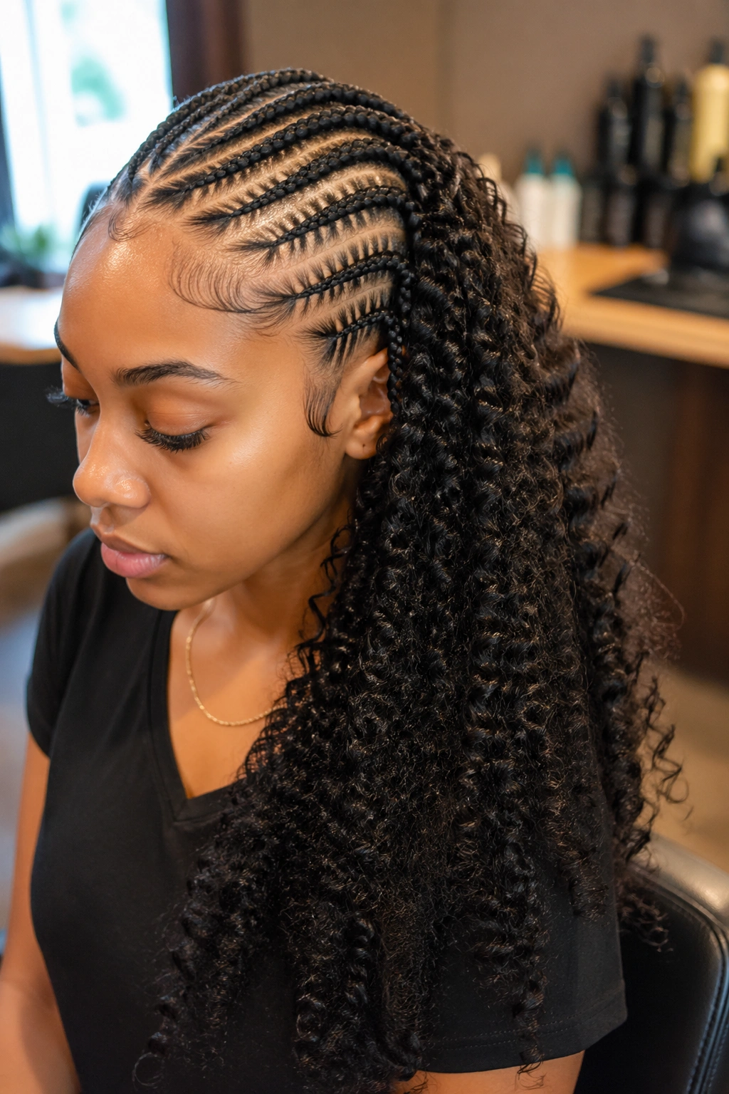 Close-up of a real person with cornrow extensions showing curl options