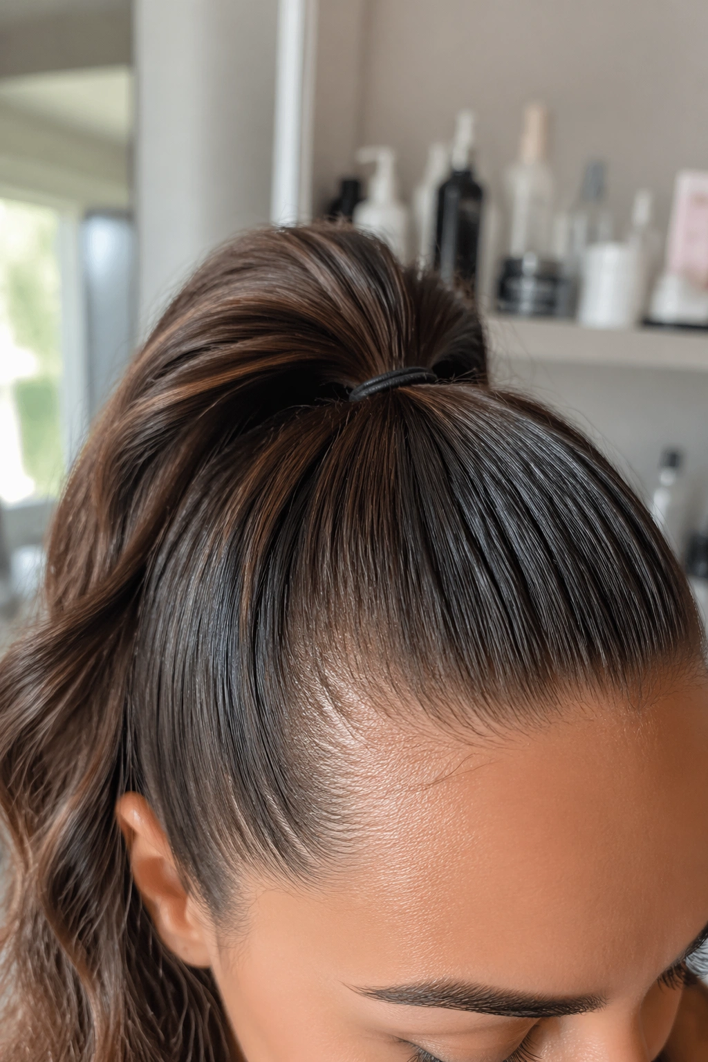 Extreme close-up of sporty snatched half-up ponytail top knot
