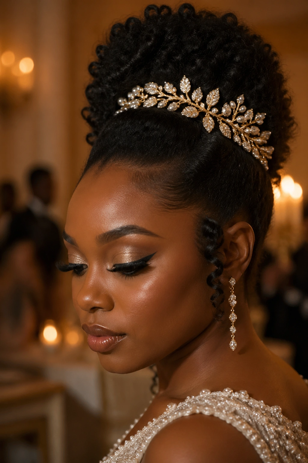 Portrait of a woman with hair jewelry as the focal point of her hairstyle.