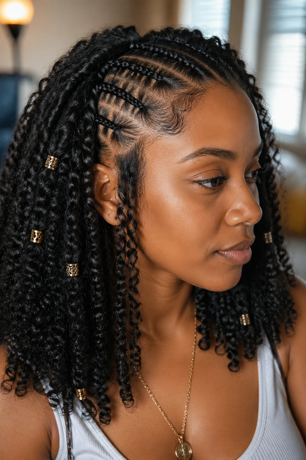 Half cornrows with hair jewelry in loose section on real woman