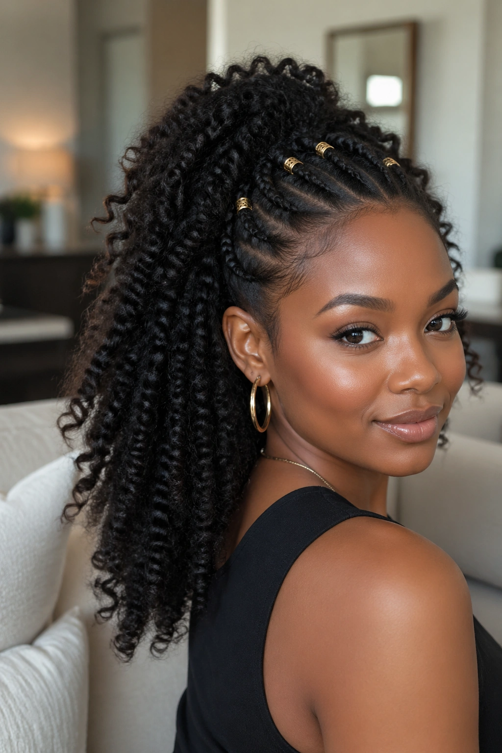 Close-up of real person with half-up hairstyle adorned with gold hair cuffs