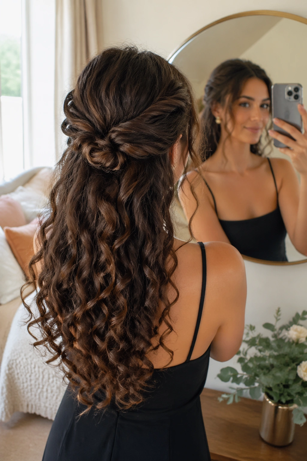 Mirror-selfie view of twisted knot half-up with loose ends.