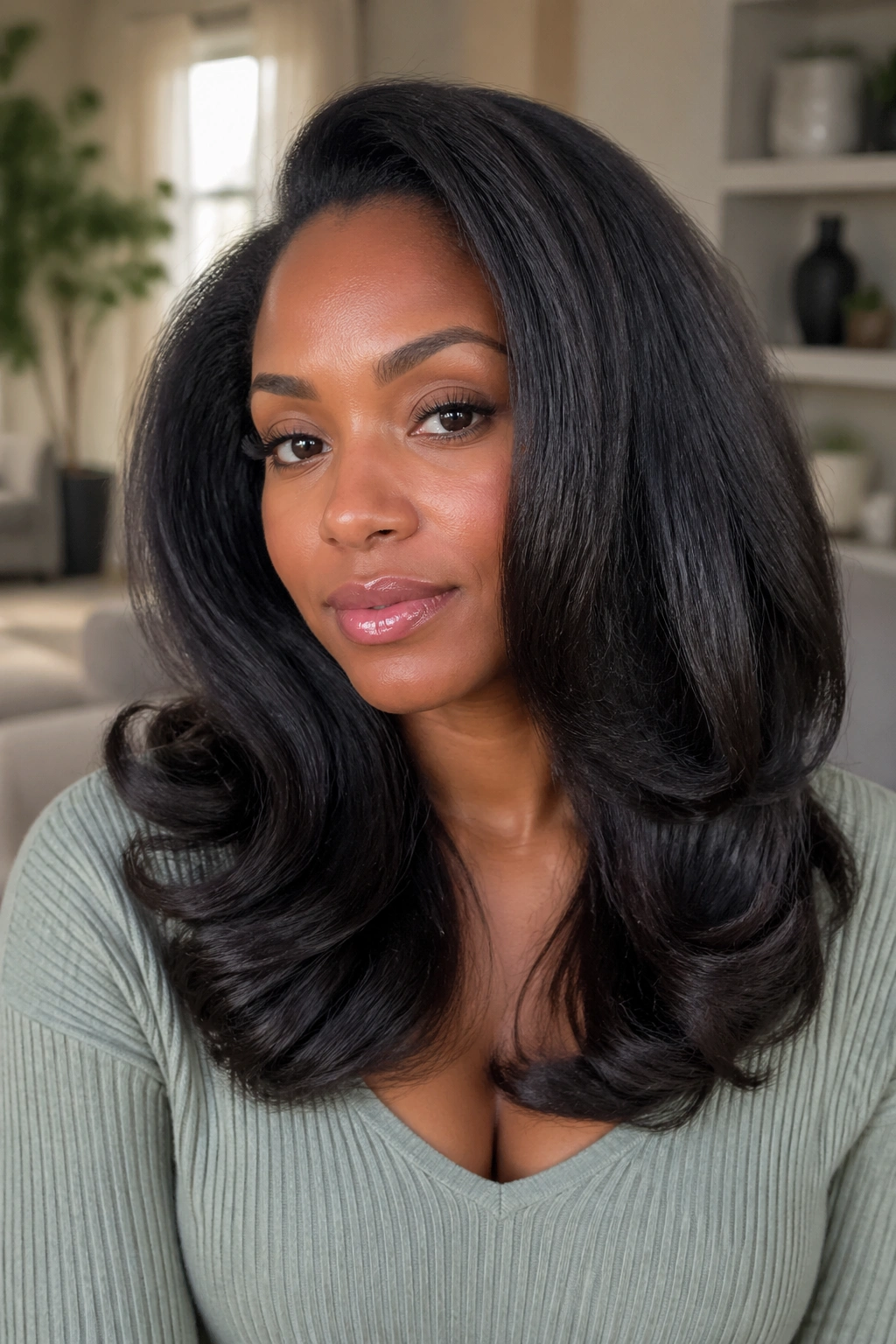 Portrait of a person with mid-to-long blown-out curls showing length and movement