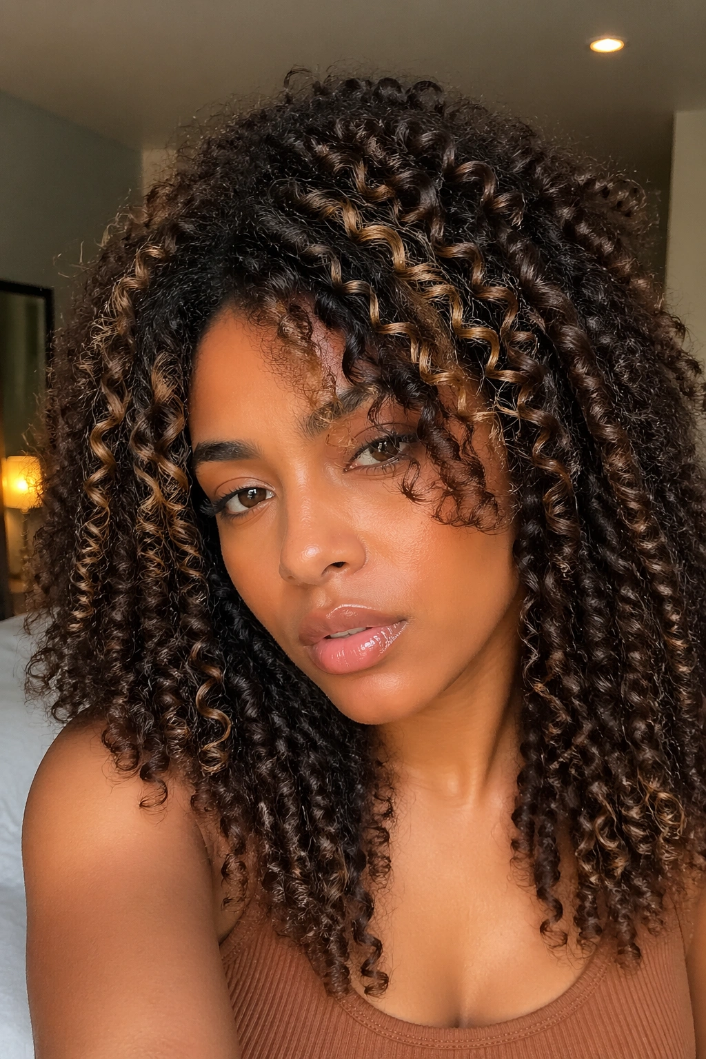 Close-up of a real woman's hair with lightened crown and face-framing strands