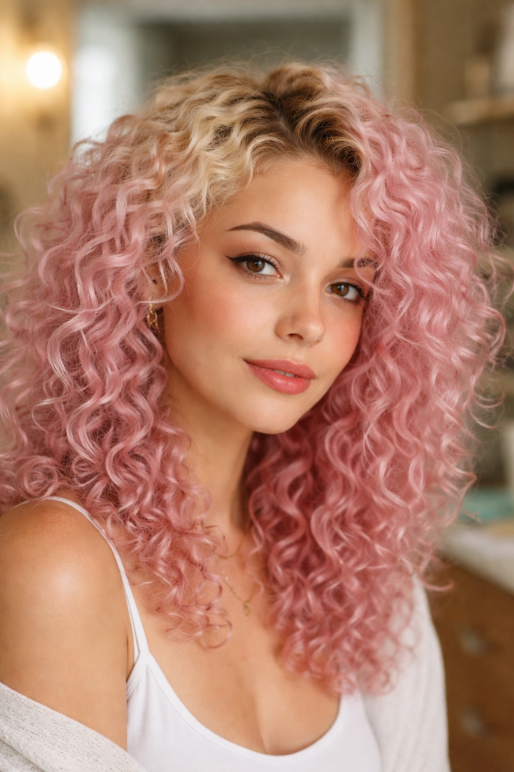 Close-up of pale yellow base with pink tones in curly hair