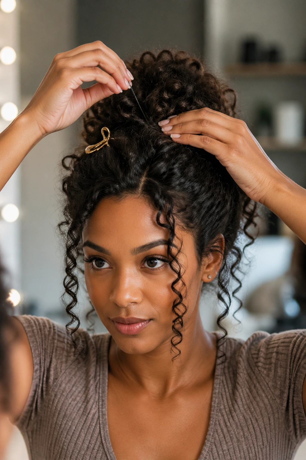 Hands pinning long curly hair into an updo using pins, hair partially styled.