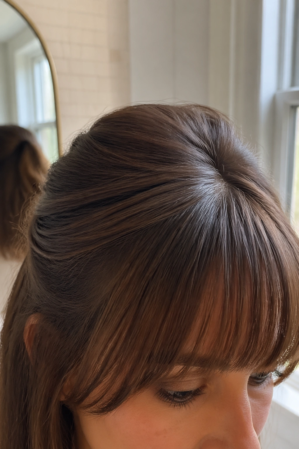 Close-up of low half-up ponytail with blunt bangs in a softly lit bathroom vanity