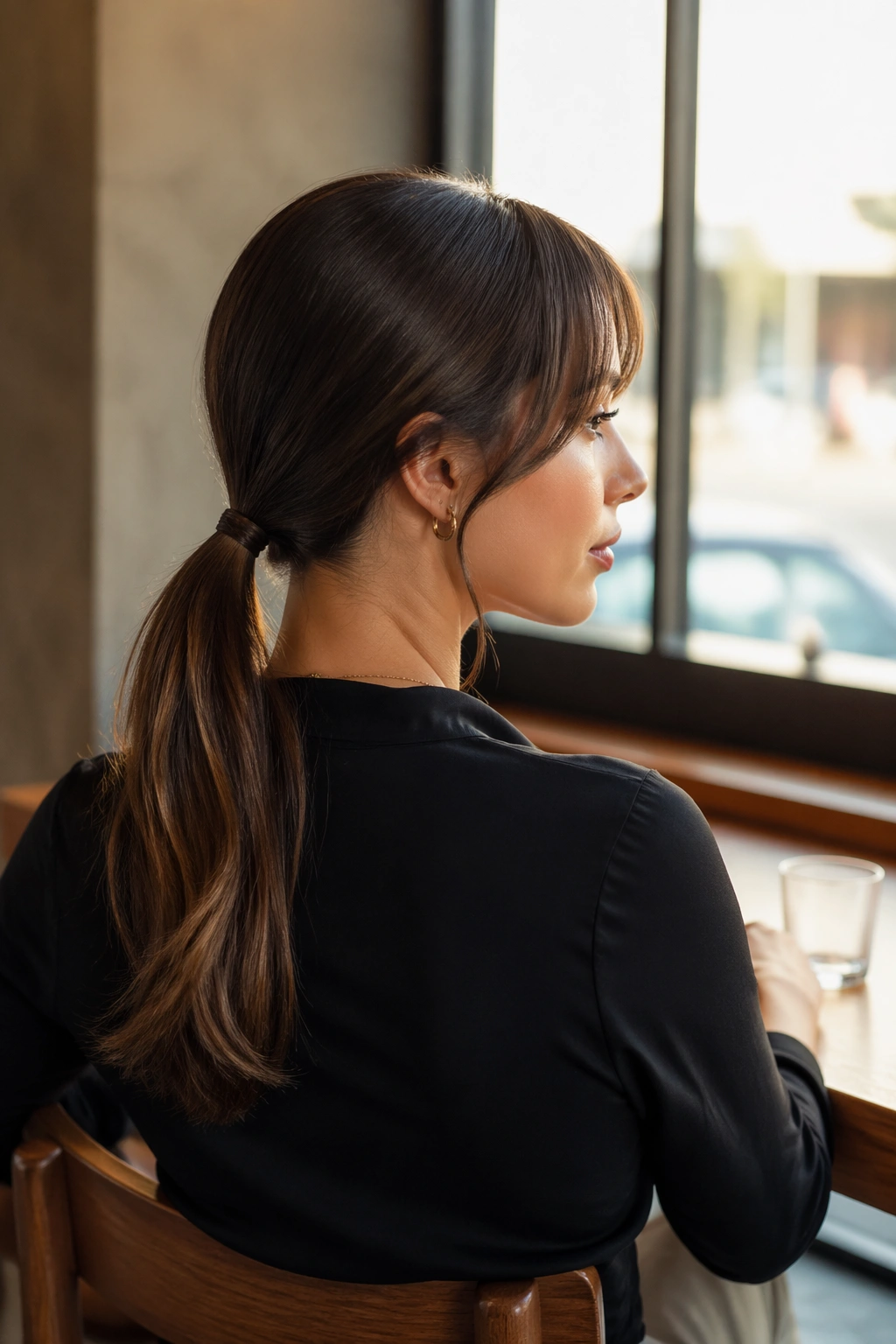 Wide shot of sleek low ponytail with curtain bangs in a bright cafe.