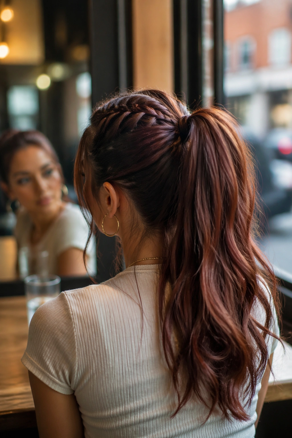 Rosewood braided high ponytail seen from over the shoulder in cafe mirror.