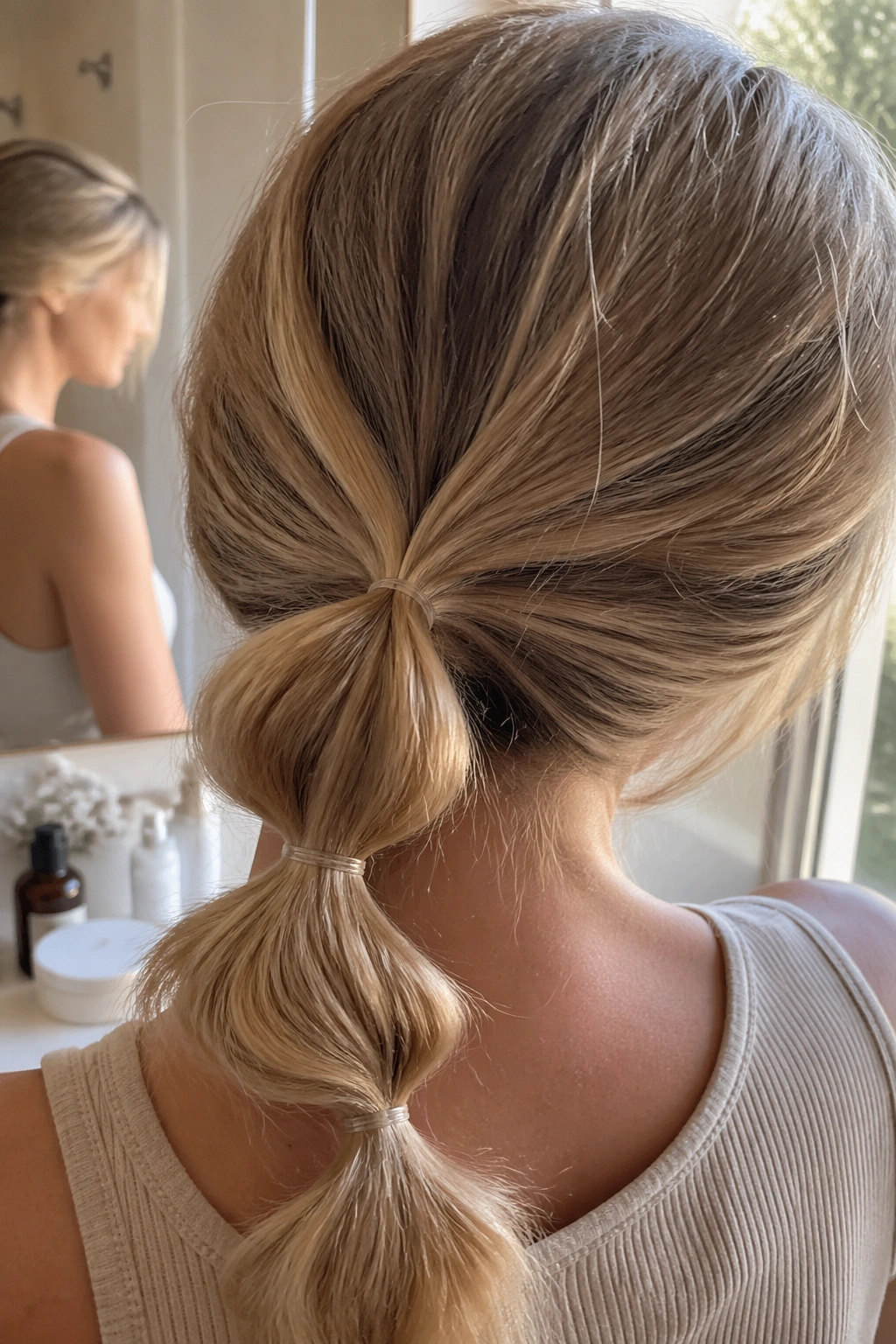 Close-up of a loose bubble low V ponytail in a bathroom mirror.