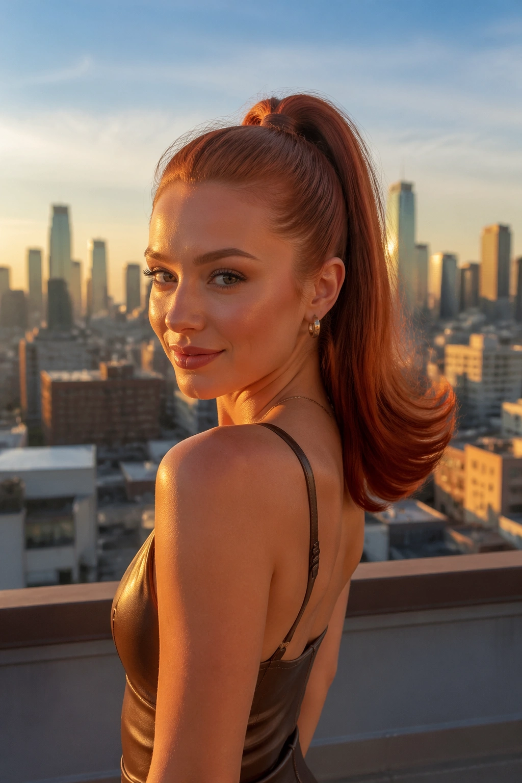 Hero rooftop portrait of copper penny ponytail with flipped ends.