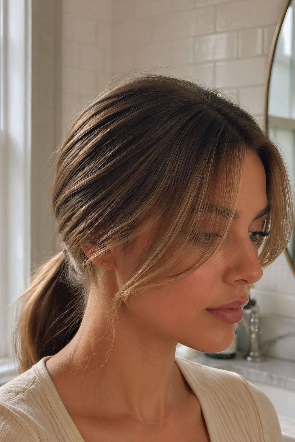 Close-up of soft center-part with curtain bangs and low ponytail in a sunlit bathroom.