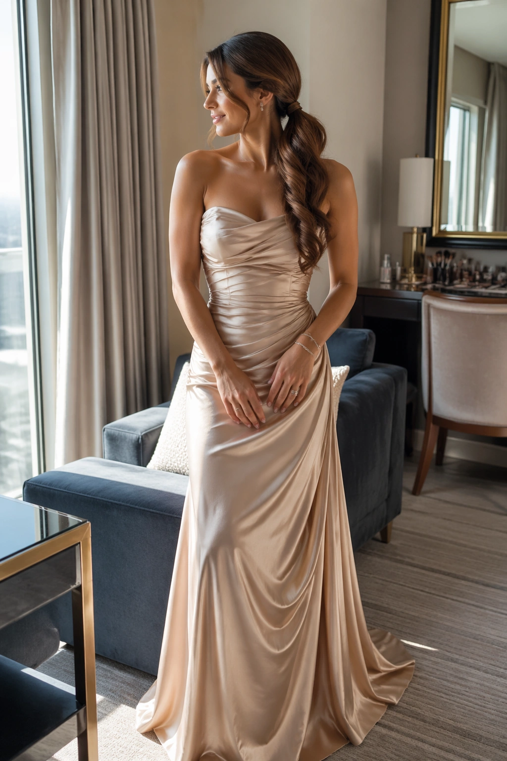 Woman with glossy side ponytail and loose curls in hotel suite setting