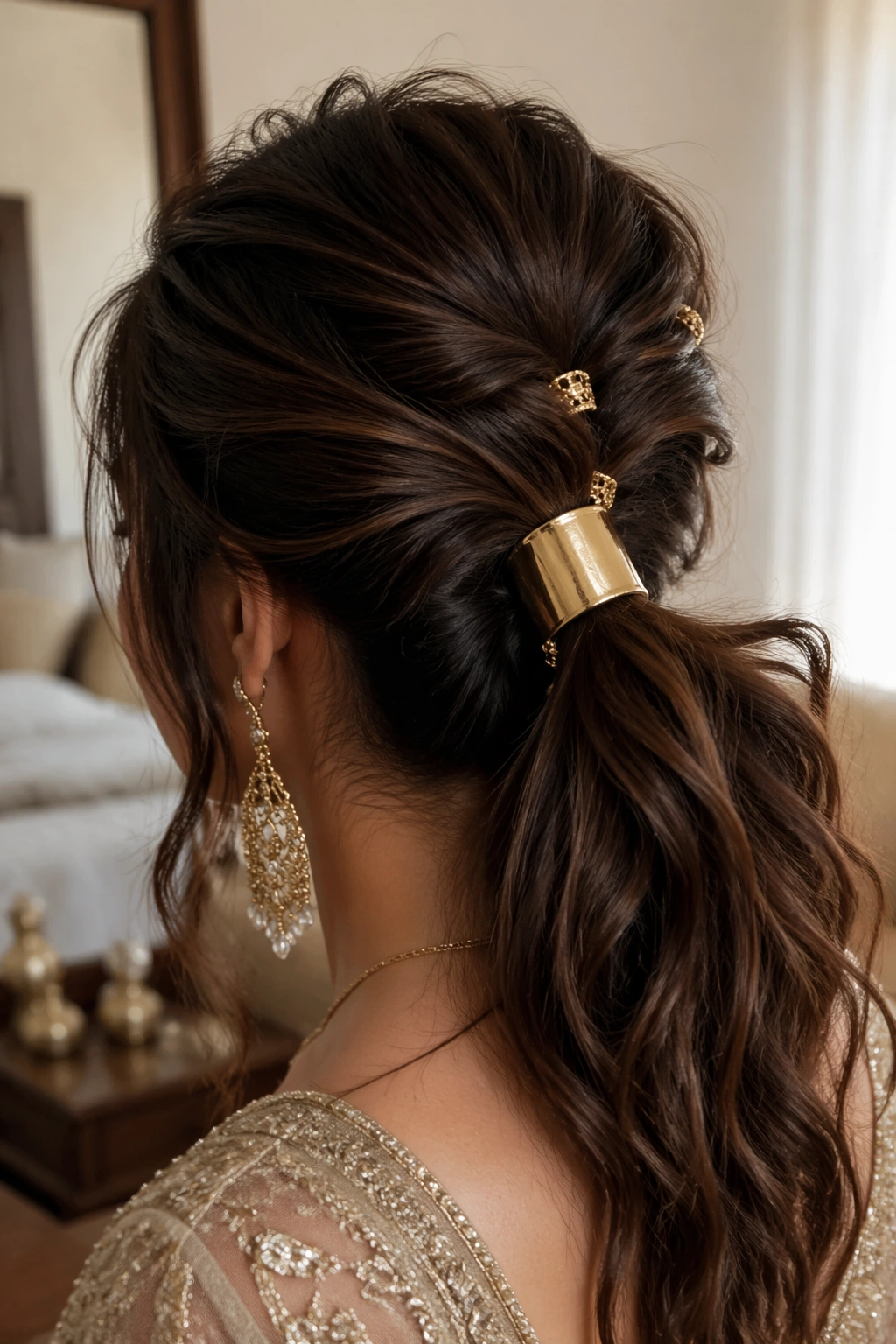 Close-up cuffed ponytail with gold clips for bridal look.