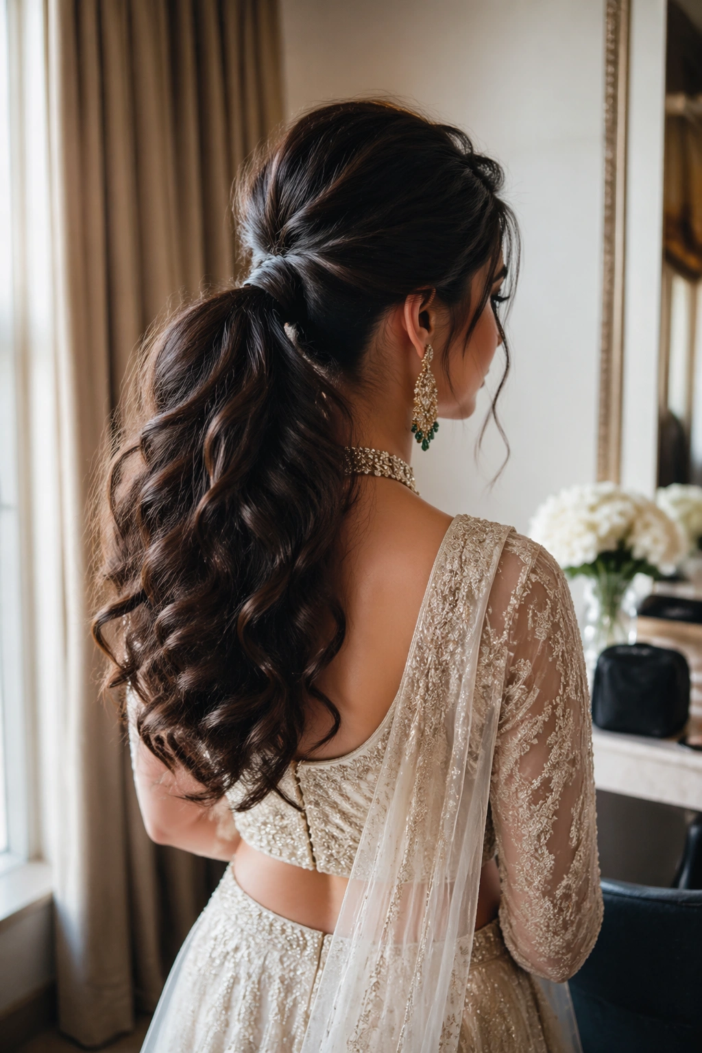 Bridal thick hair ponytail with layered texture in prep suite.