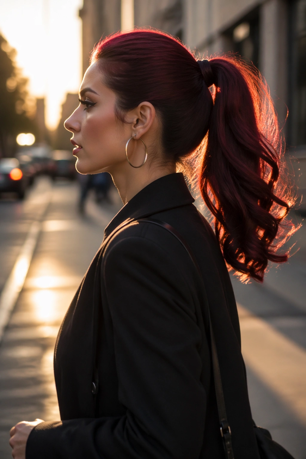 Side profile of merlot ponytail with curled ends in golden hour city street.