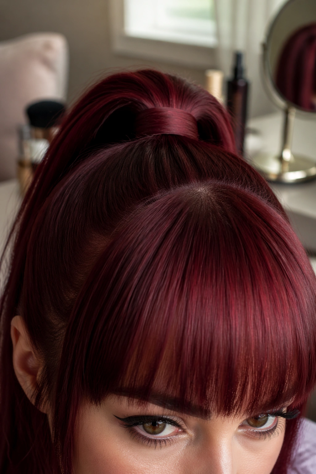 Close-up of dark cherry ponytail with blunt bangs.