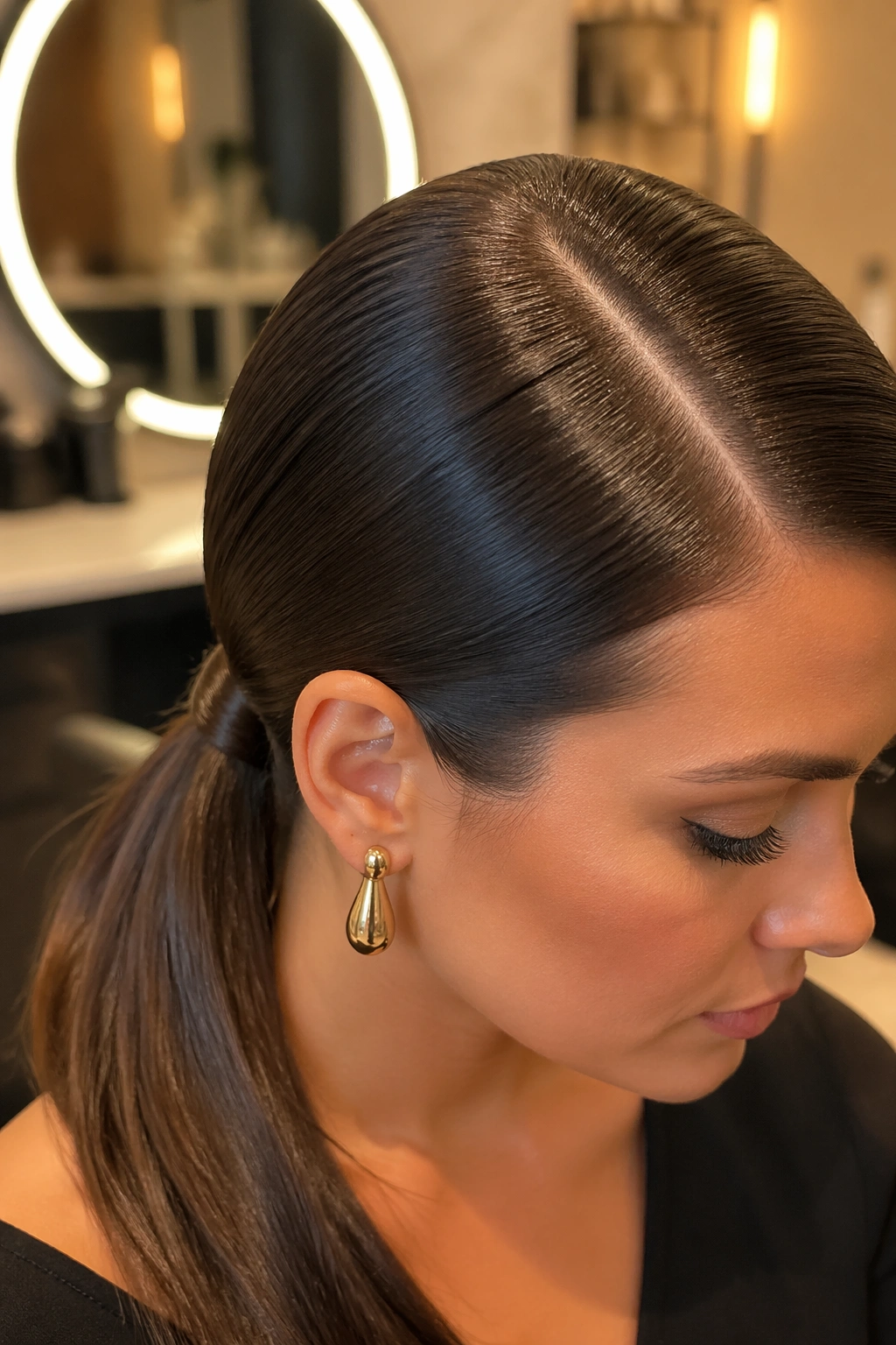 Close-up of a sleek low side ponytail with deep part in salon lighting