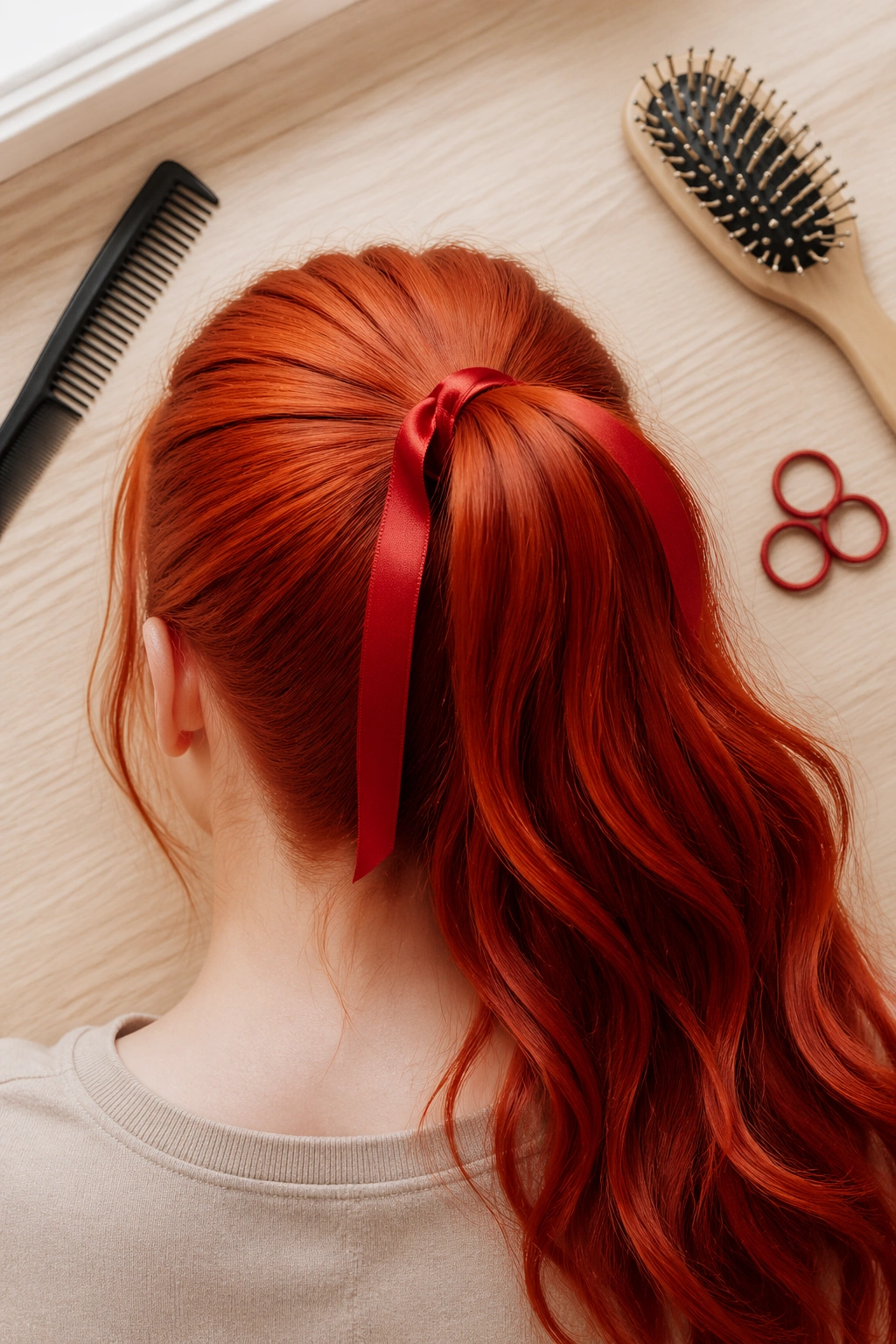 Top-down view of tomato red ponytail with satin ribbon and styling tools.