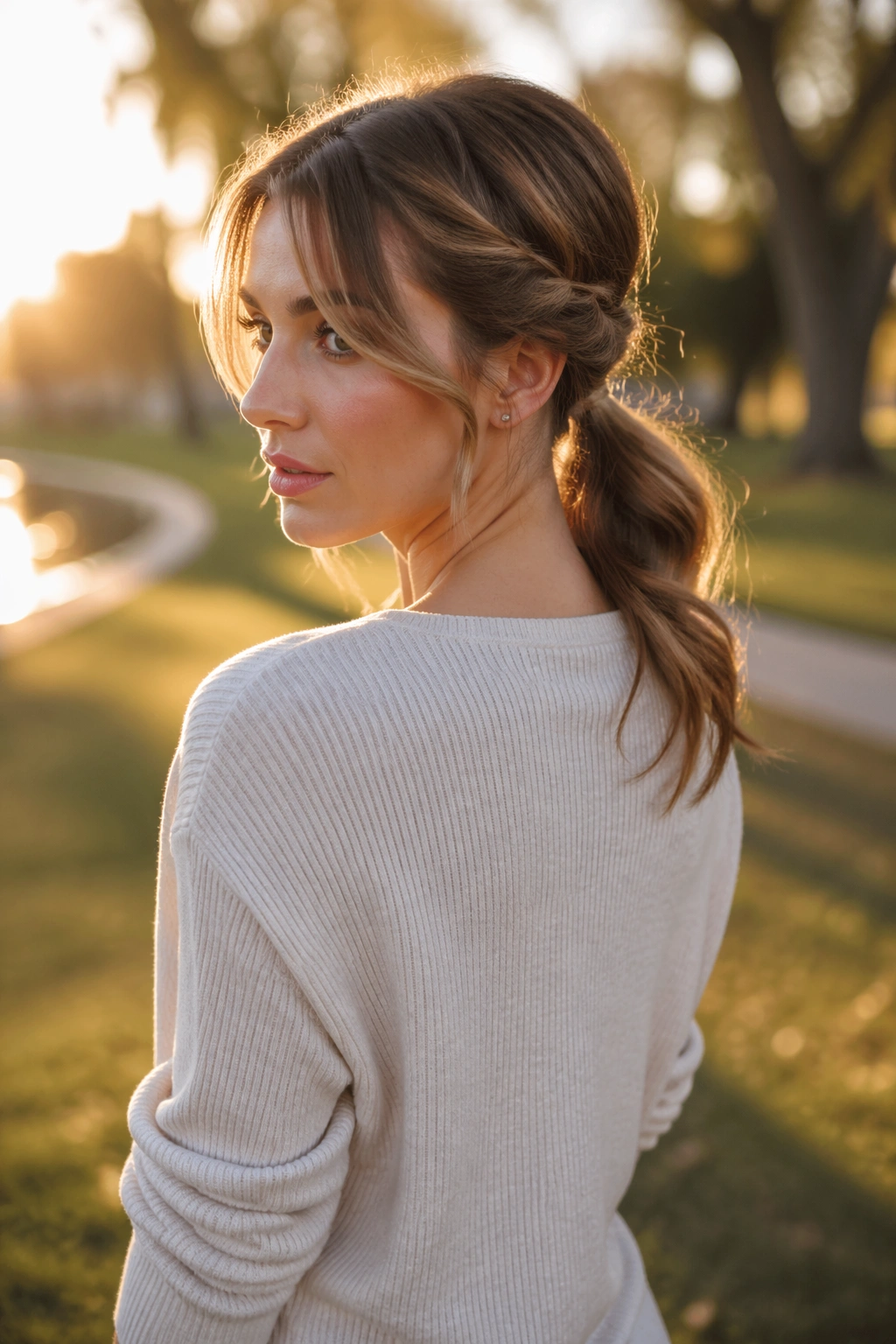 Hero shot of twisted-side low ponytail in a golden-hour park.