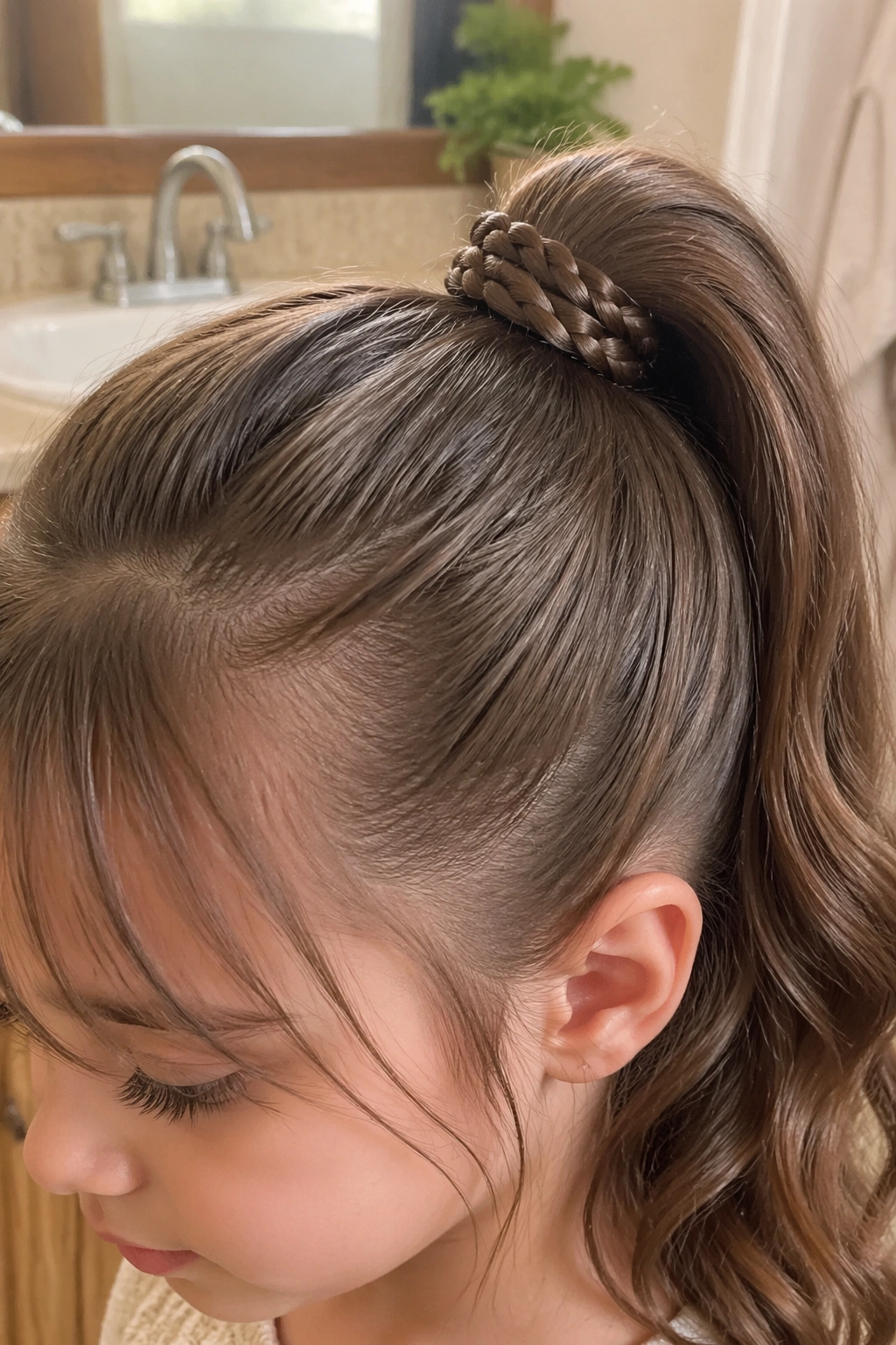 Close-up of braided wrap ponytail with layered bangs