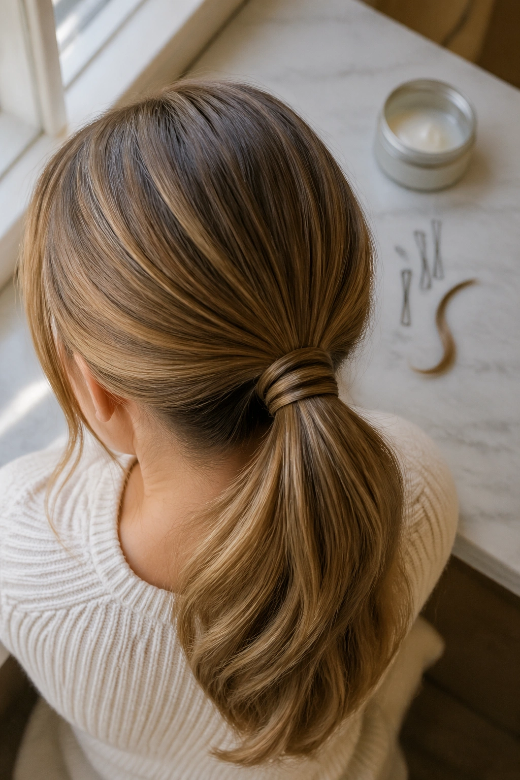 Overhead flat-lay of wrapped-base low ponytail with hair wrap and styling tools.