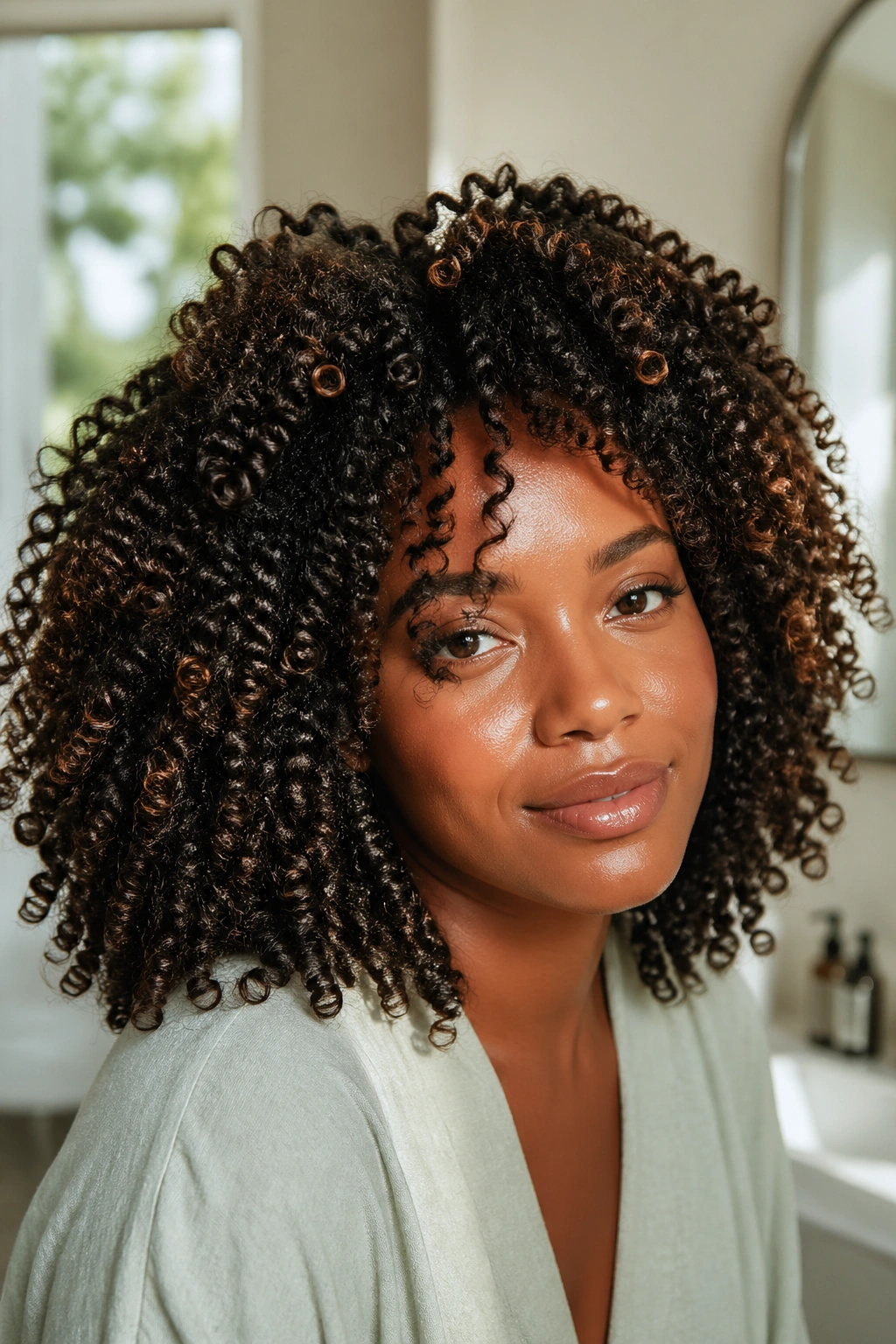 Close-up of Black woman with glossy hydrated curls