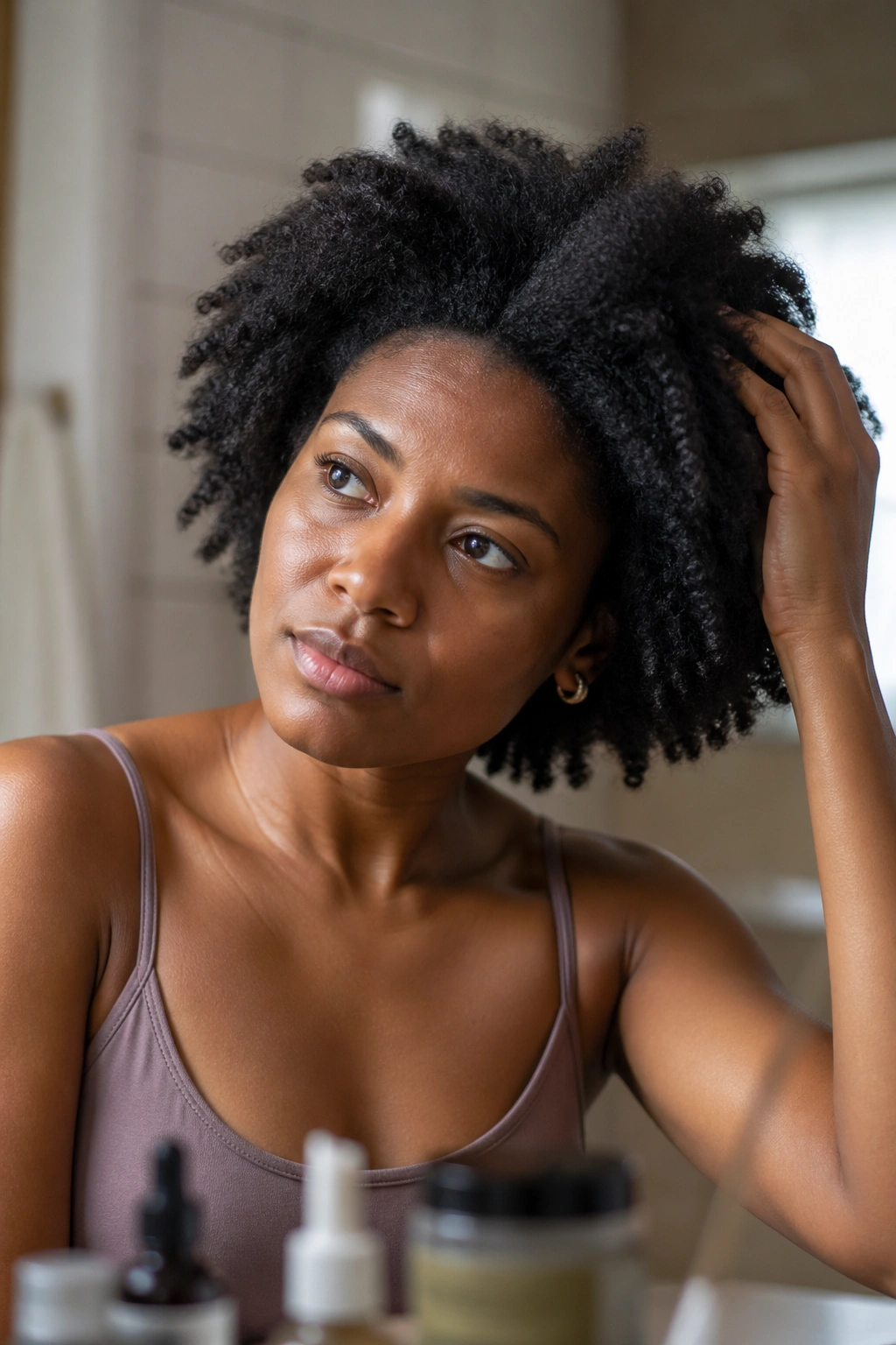 Close-up portrait of a Black woman with natural hair, contemplating before curling