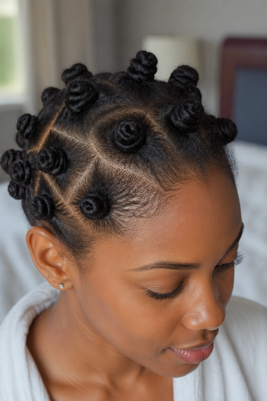 Close-up of a real person with stretched hair in bantu knots in a bedroom