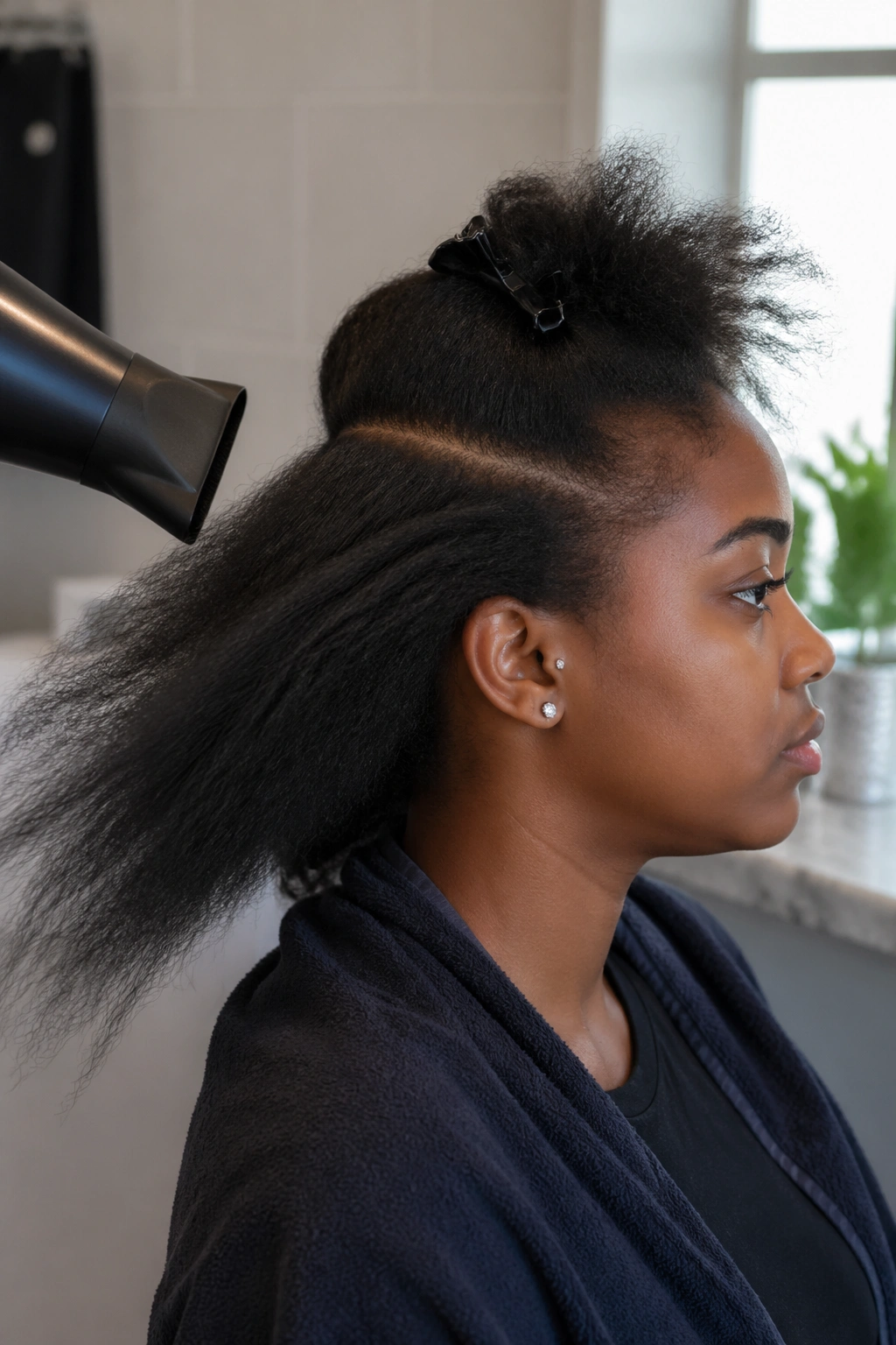 Person with stretched hair prepared for bead-friendly cornrows