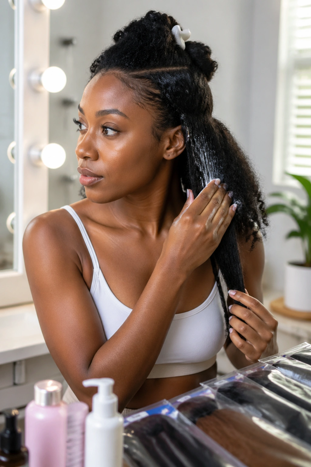 Woman prepping natural hair with conditioner in a bright bathroom.