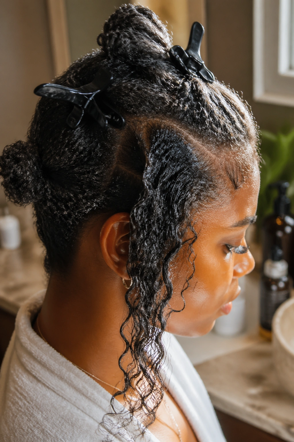 Close-up of hair being prepped with moisturizer before butterfly cornrows.