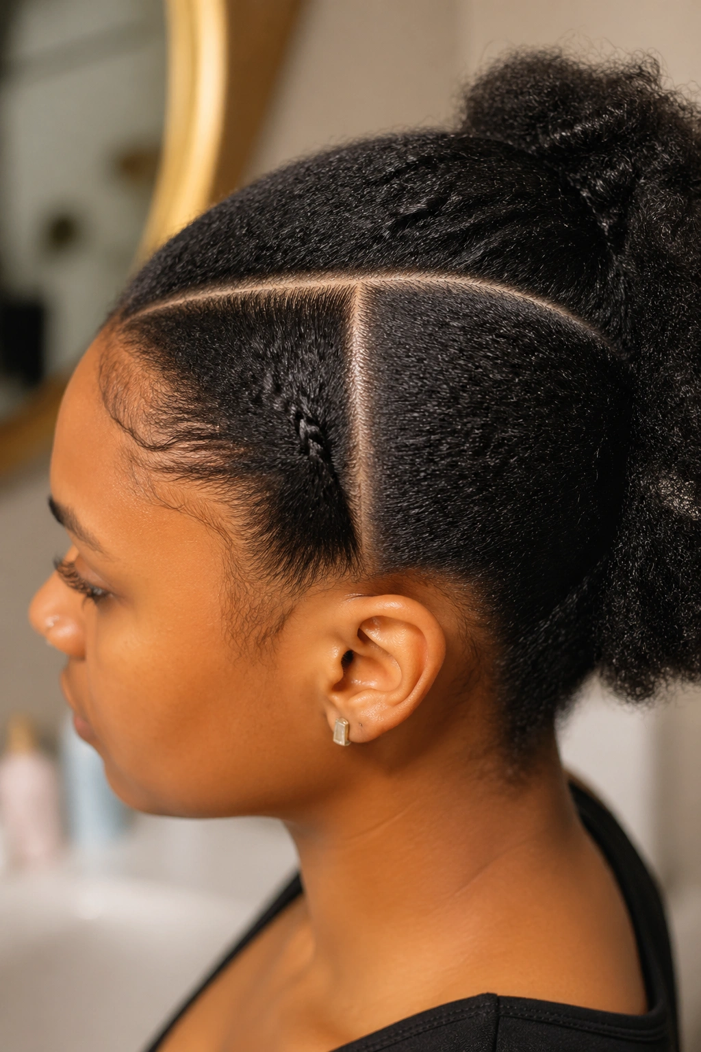 Portrait focusing on clean hair and sharp part lines prepared for braiding.