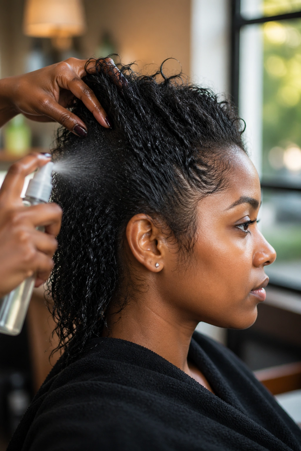 Side profile of a client having damp hair prepped with leave-in conditioner in a salon.