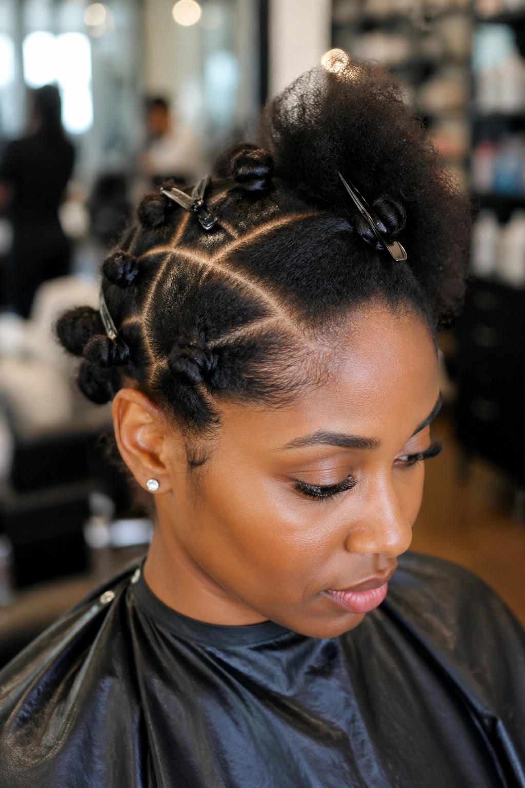 Close-up of a real woman in a salon during hair prep for cornrow bun