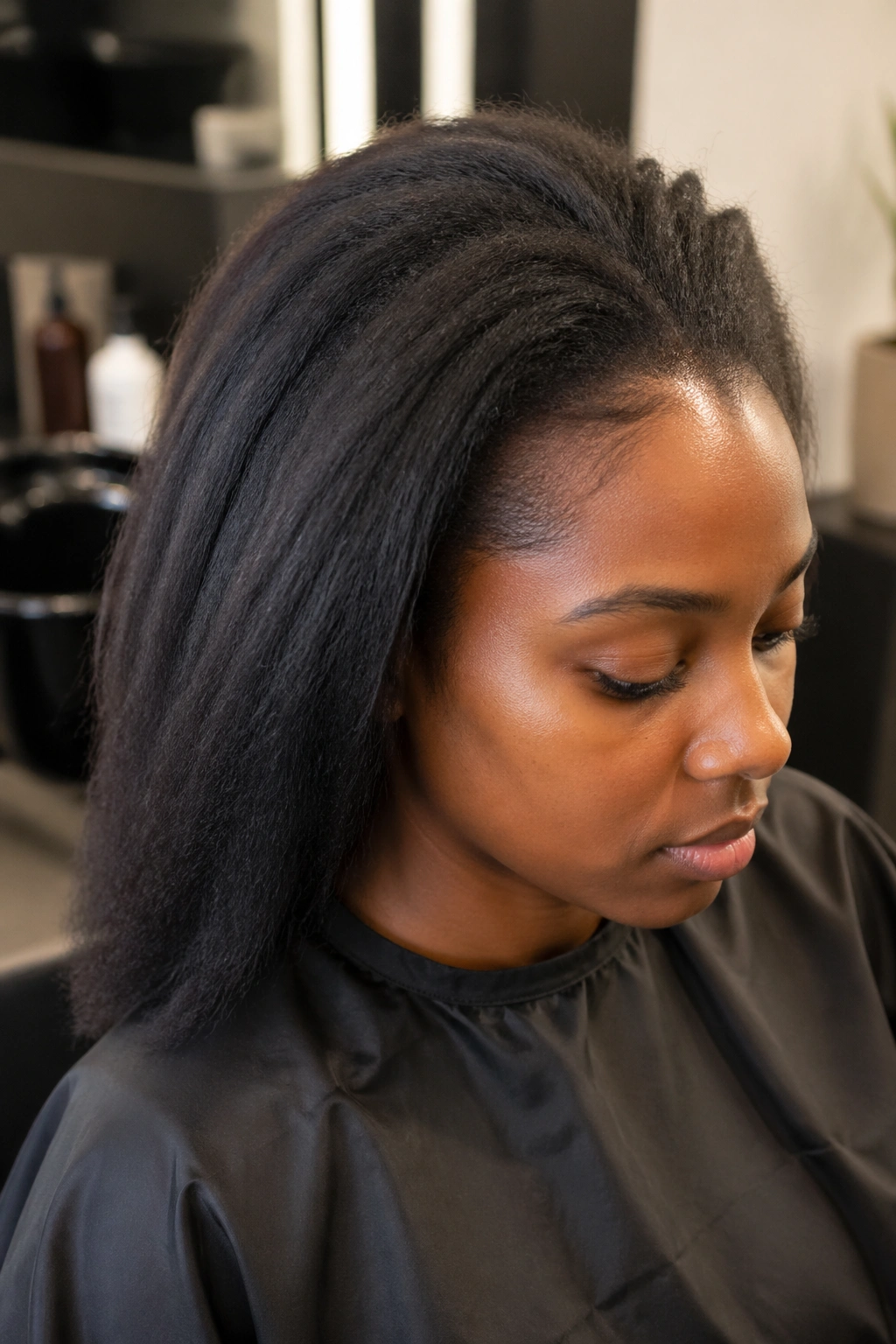 Close-up of hair prep for cornrow installation in a salon