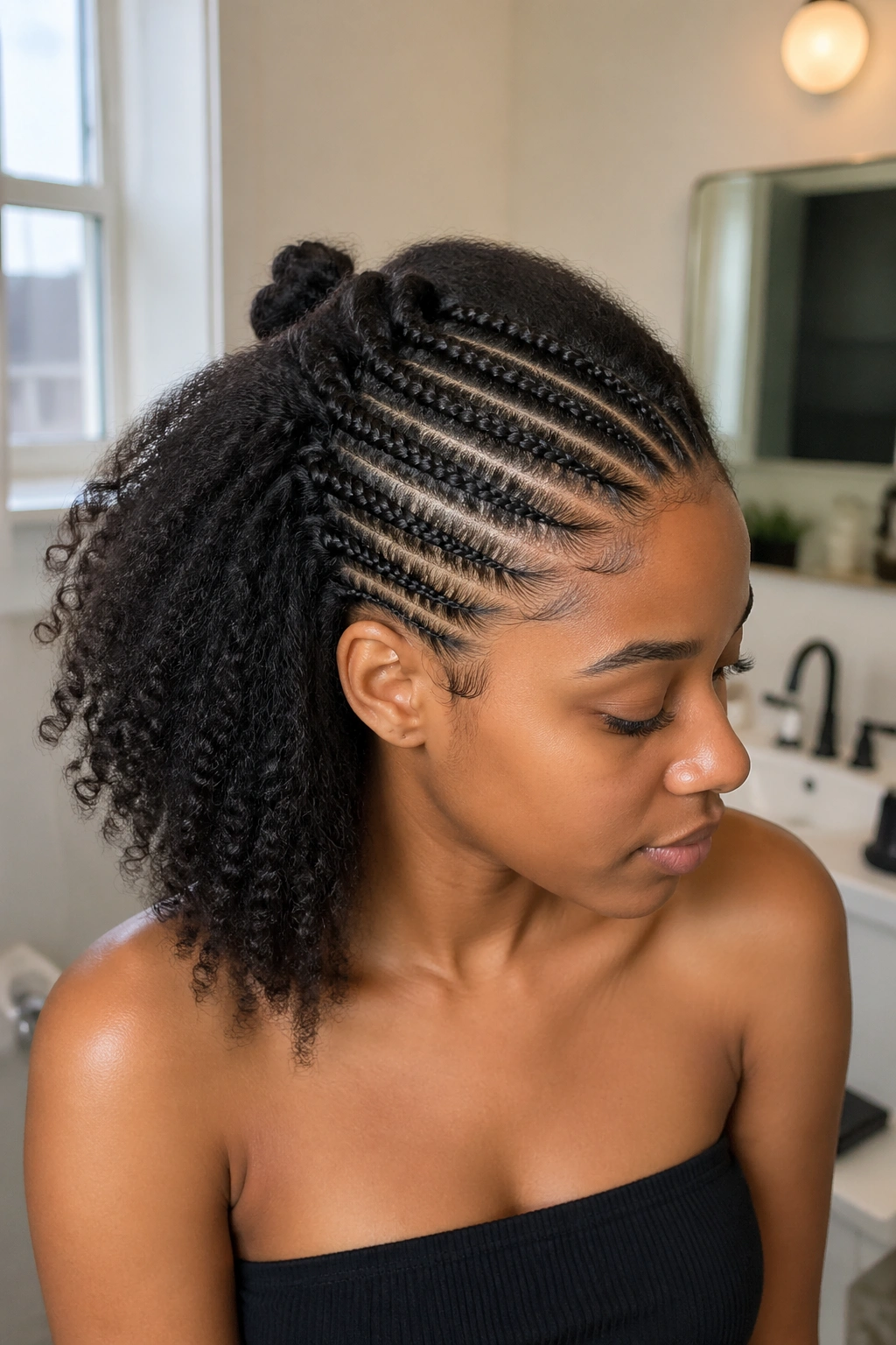 Portrait of a person’s prepared hair with clean, stretched cornrow sections and loose parts