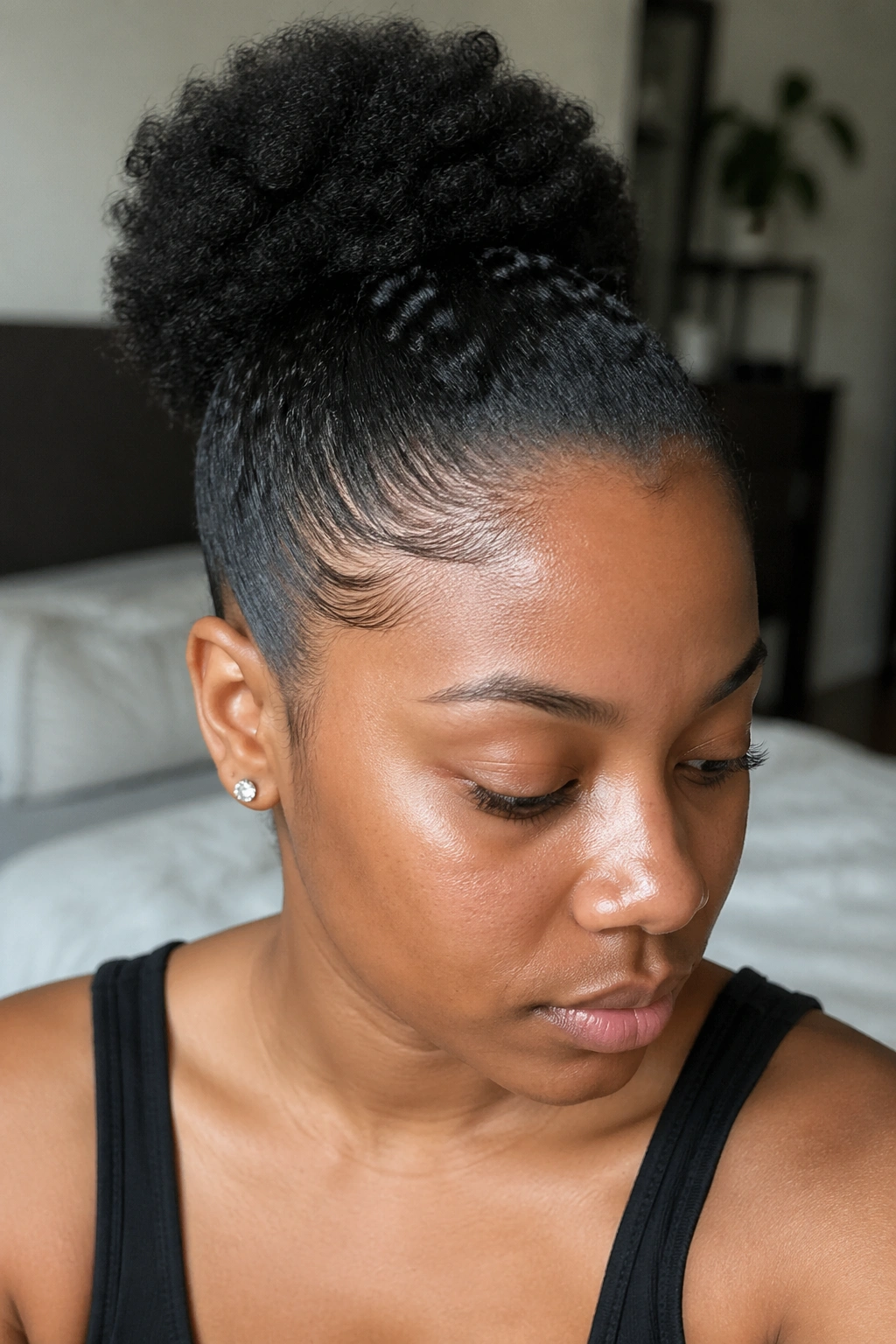 Close-up of a real woman's head with a clean stretched hairline prepared for cornrows.