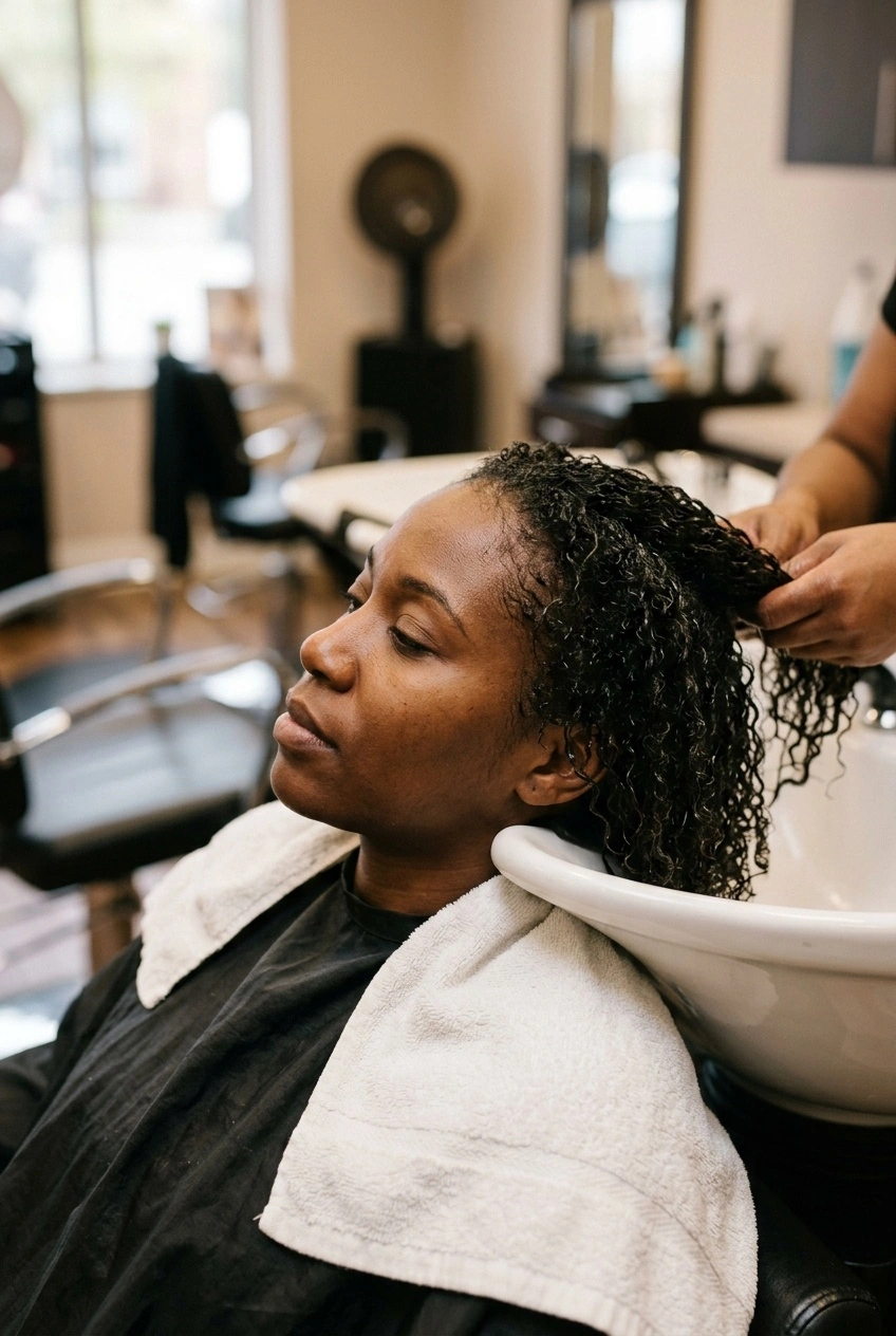 Head and damp hair prepped at a salon sink before cornrow install