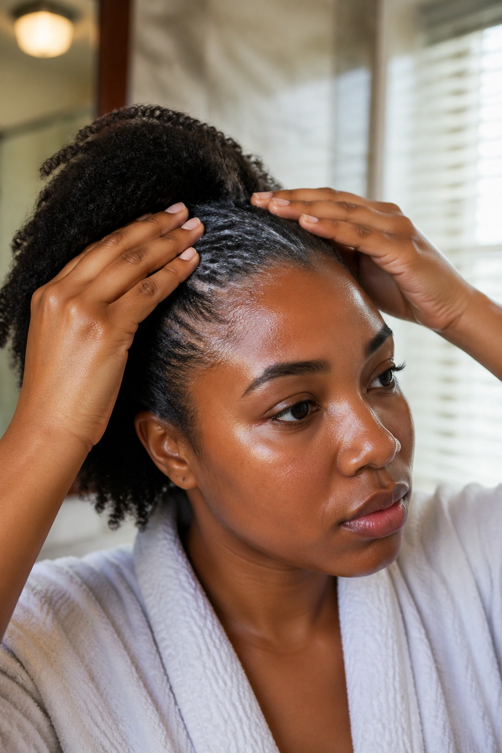 Hair prep scene with damp hair and hands applying leave-in conditioner