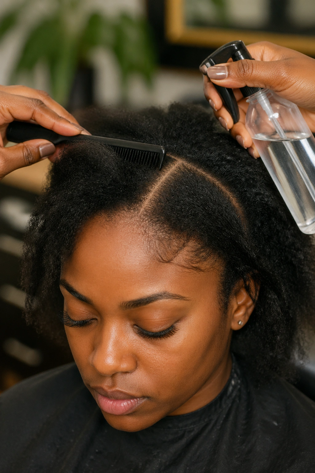 Close-up of a real woman getting her hair prepped with a comb and spray in a salon