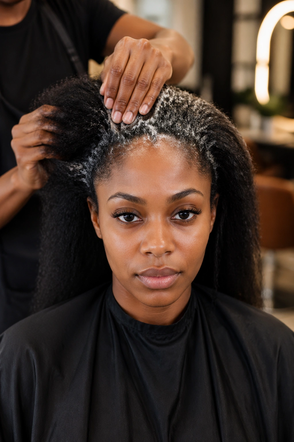 Person in salon chair with detangled hair and mousse at roots