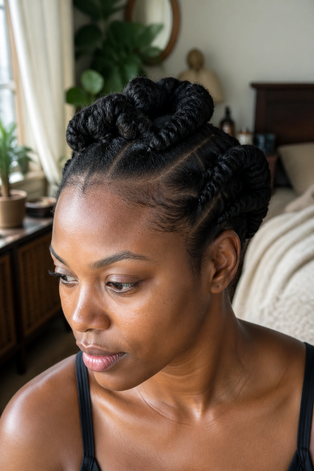 Portrait of a real woman with detangled hair wrapped for stretch before tribal cornrow braiding